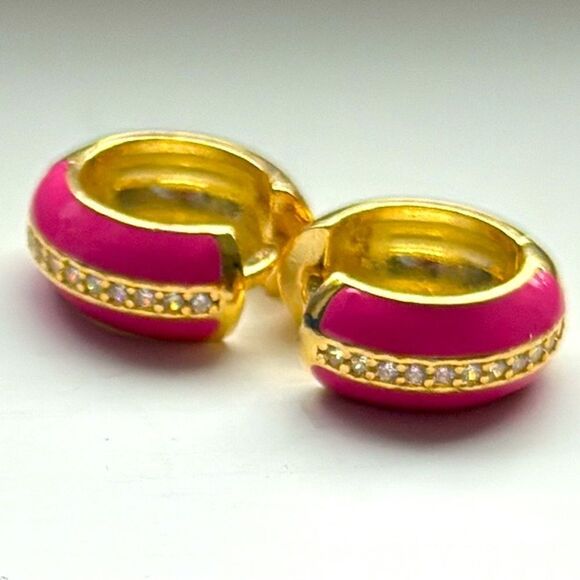 Gabi Rielle Pink Enamel & CZ Mini Hoops – 14k Gold Over Silver Huggies Gift - Picture 7 of 7